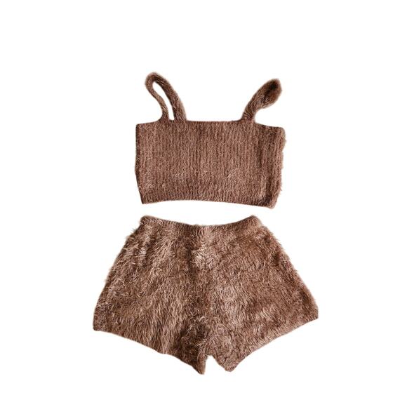 Bootaybag Aspen fuzzy brown set crop top shorts lounge sleep small EUC perfect - Picture 9 of 9